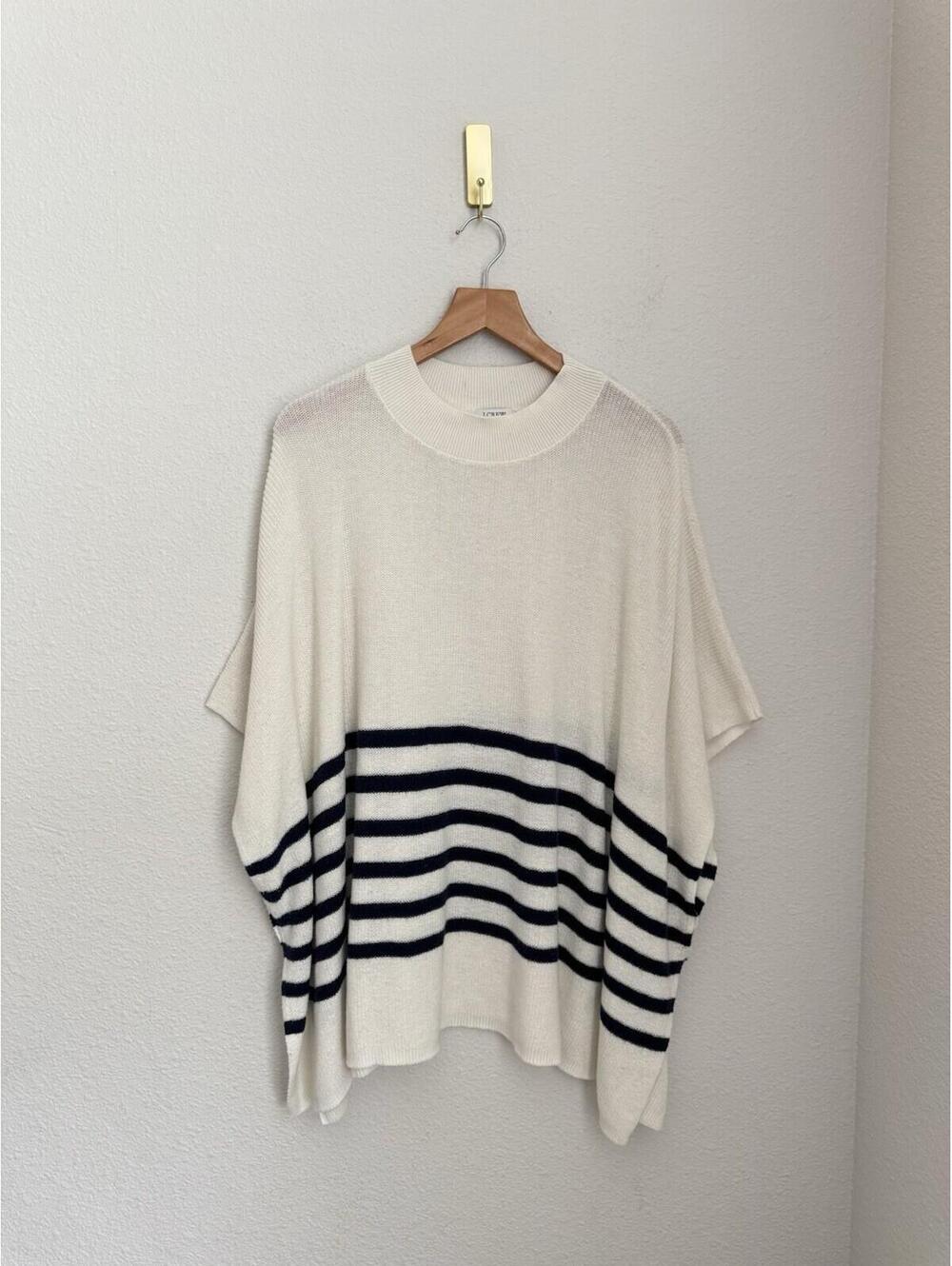 J.Crew Women’s OS Ivory Navy Blue Striped Knit Poncho Coastal Preppy Classic - Picture 2 of 8
